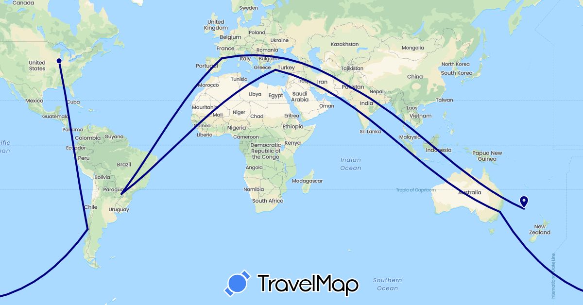TravelMap itinerary: driving in Australia, Brazil, Chile, France, Pakistan, Turkey, United States (Asia, Europe, North America, Oceania, South America)